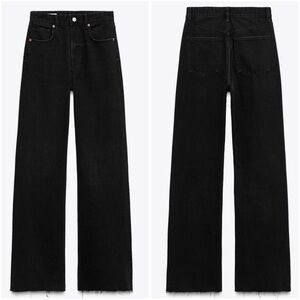 Zara High Rise Wide Frayed Hem Leg Black Denim Jeans Size 4